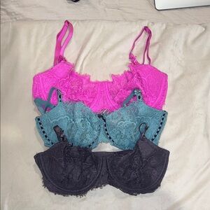 Victoria's Secret Lace Underwire Bra Trio - Hot Pink, Teal, Charcoal